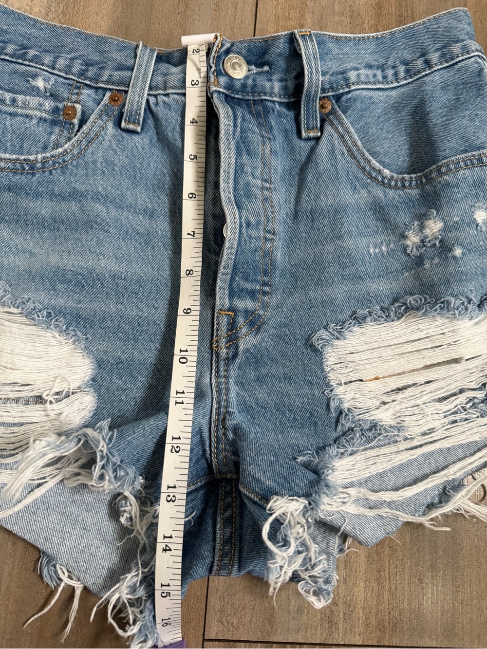 Levi's  501 Light Blue Distressed High-Rise Denim Shorts - Picture 12 of 14